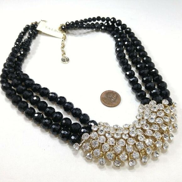 Vintage Rhinestones Black Glass Beaded Necklace, 3 Strands, Signed Talbots, NWTs - Picture 4 of 8